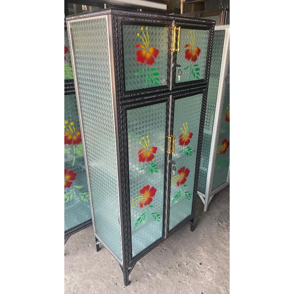 Lemari Rak Piring Kaca Motif 4 Pintu