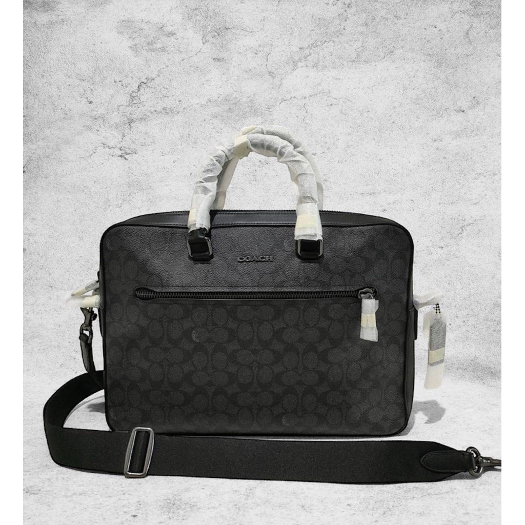 COACH ETHAN SLIM BRIEFCASE SIGNATURE CHARCOAL BLACK