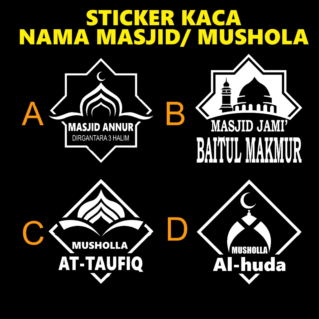 STICKER  NAMA MASJID / MUSHOLA UNTUK KACA PINTU ATAU JENDELA CUSTOM NAMA DAN ALAMAT ANDA