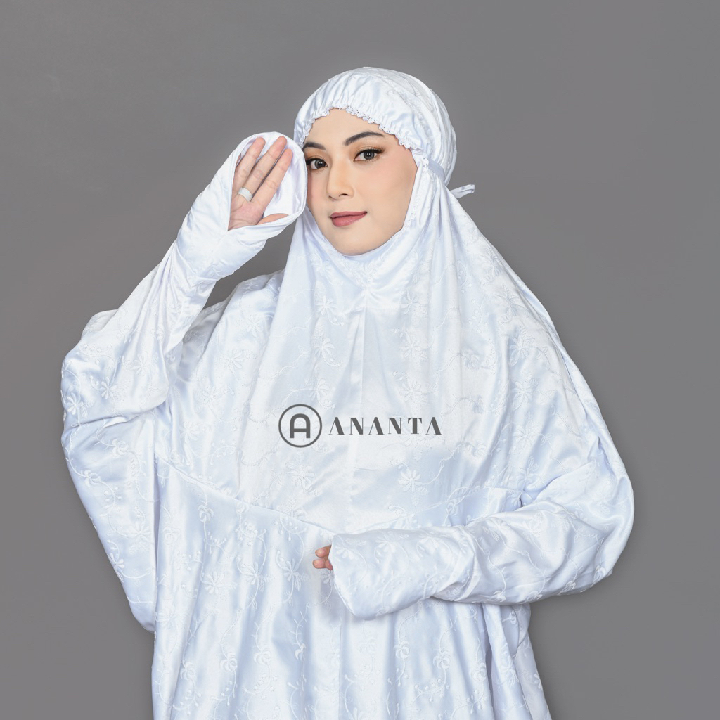 ANANTA - Mukena Terusan Dewasa Sutra Paris Putih Full Bordir Mewah Adem Lembut