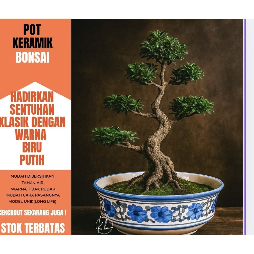 POT BONSAI KERAMIK MOTIF KLASIK BIRU PUTIH