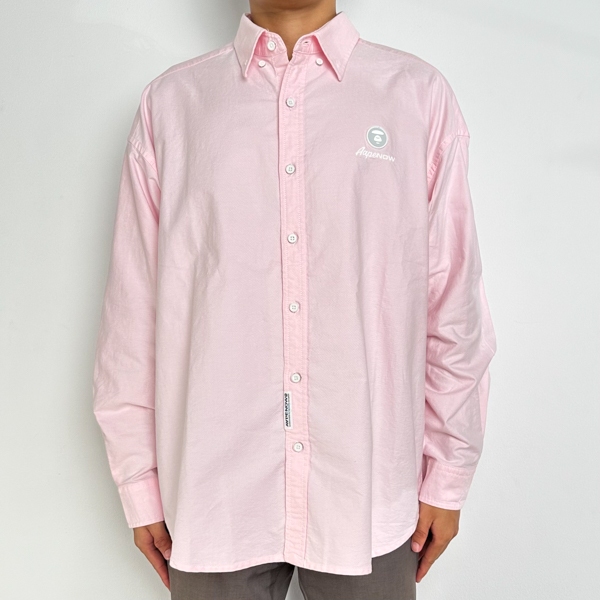 Kemeja AAPE NOW EMBROIDERY PATCH GREY BABY PINK LONG SHIRT 100% ORIGINAL
