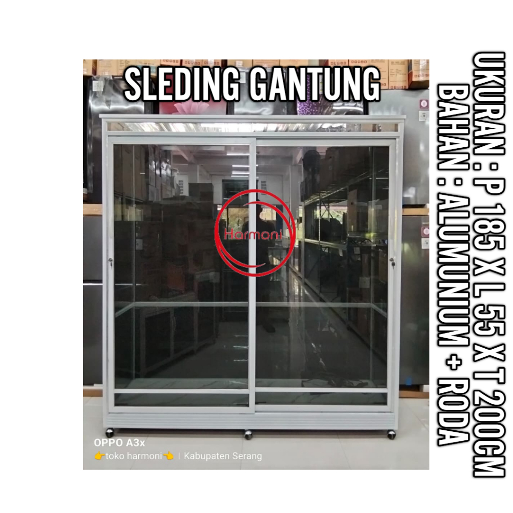 LEMARI PAKAIAN SLEDING ALUMUNIUM RODA FULL GANTUNG KACA RIBEN UKURAN 185X55X200CM FREE ONGKIR SERANG