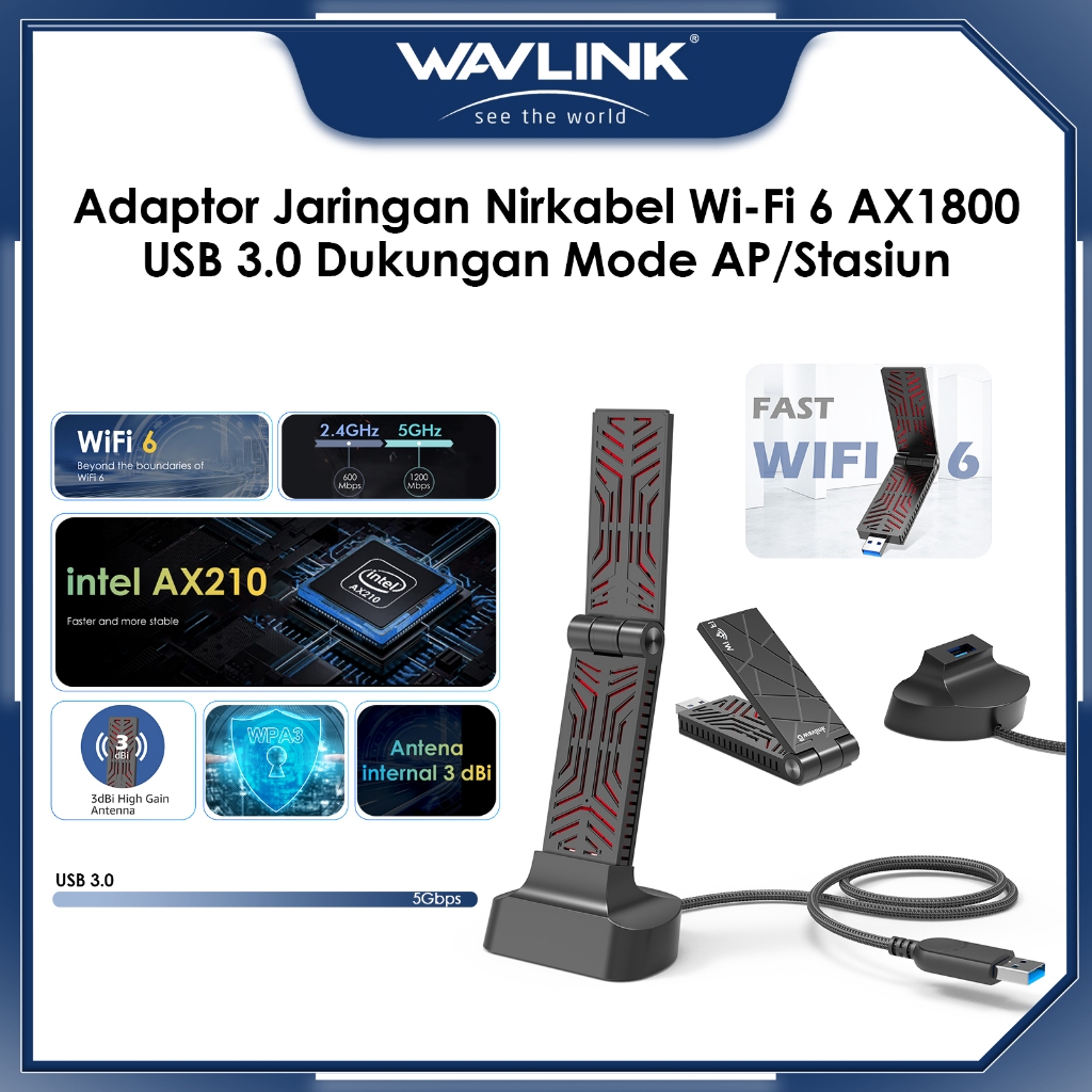 Wavlink AX1800 wireless USB Network Adapter, USB 3.0 Dual Band High Gain Antenna for Windows 11/10/7