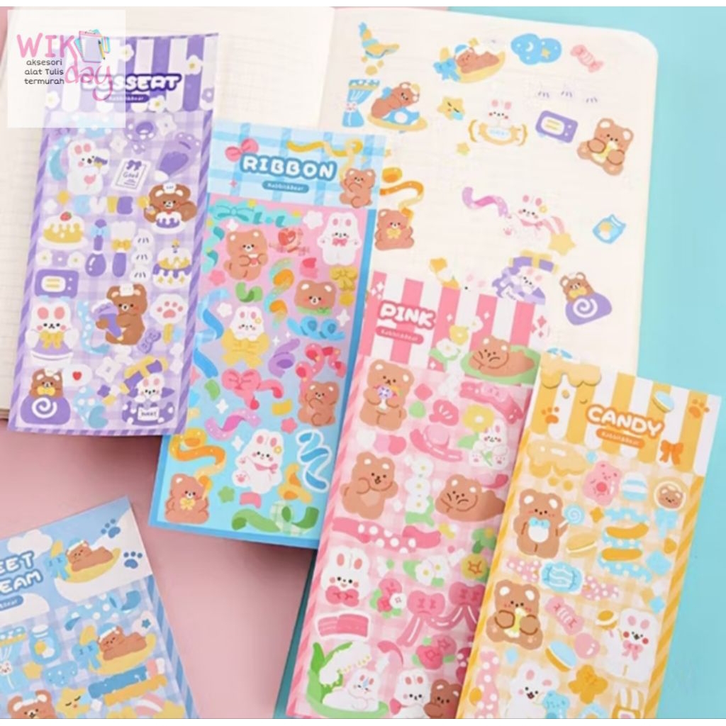 [READY]Wikday Sticker WaterProof Kartun Bear Rabbit Hologram Sticker Motif Kartun Beruang dan Kekinc