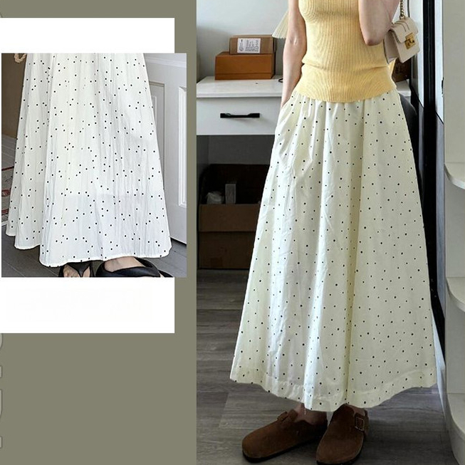 ChuRanRok Polkadot Putih Untuk Wanita Di Musim Panas Pinggang Tinggi Longgar Pinggang A-Line Melangs