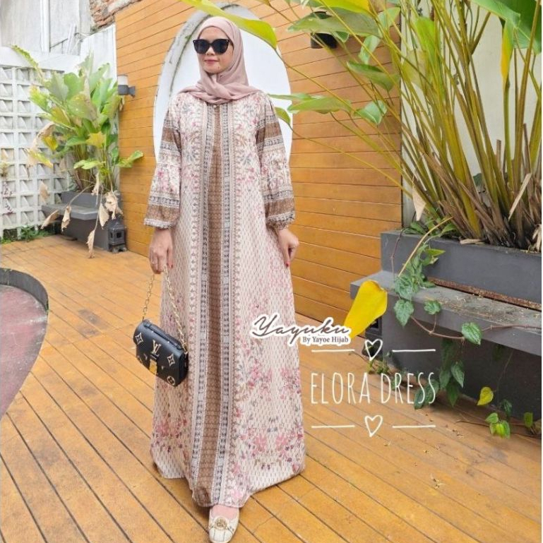 Elora Dress Gamis Panjang Rayon Terbaru Muslimah Model Lengan Balon