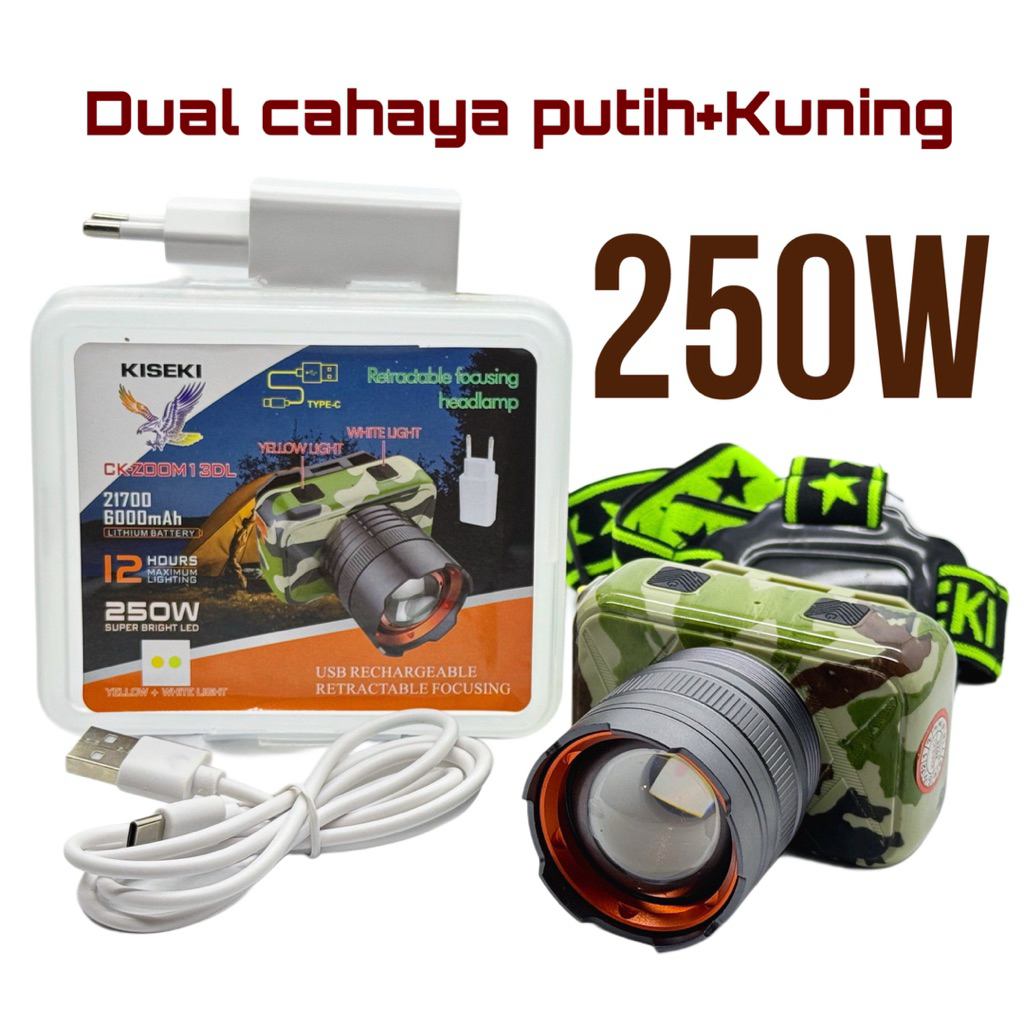 Senter Kepala Kiseki 250W CK-ZOOM13DL 2 Warna Cahaya Putih Kuning 2 in 1 Headlamp Kiseki- Baterai Us
