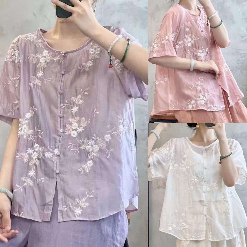 BLUS SATIN SILK UNGU LAVENDER PINK PUTIH OVERSIZE BORDIR BUNGA PUTIH KOREA IMPORT