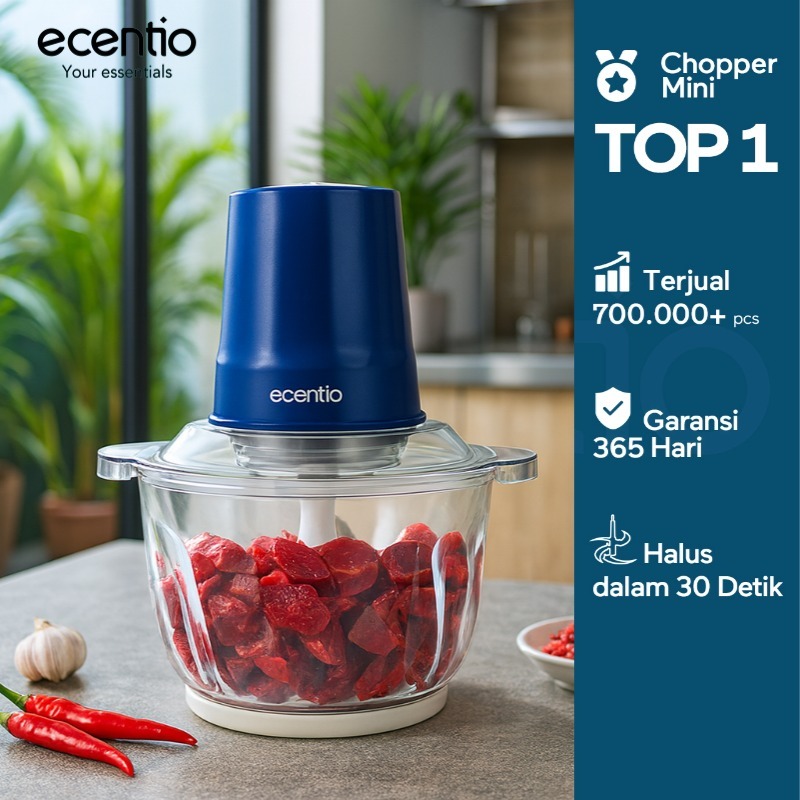 ecentio food grade garansi 1 tahun alat dapur chopper  kaca multifungsi 2 liter 6 helai gigi baja sp