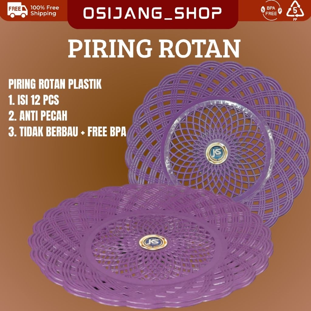 PIRING ROTAN PLASTIK 12 PCS (1 LUSIN) BPA FREE WARNA UNGU