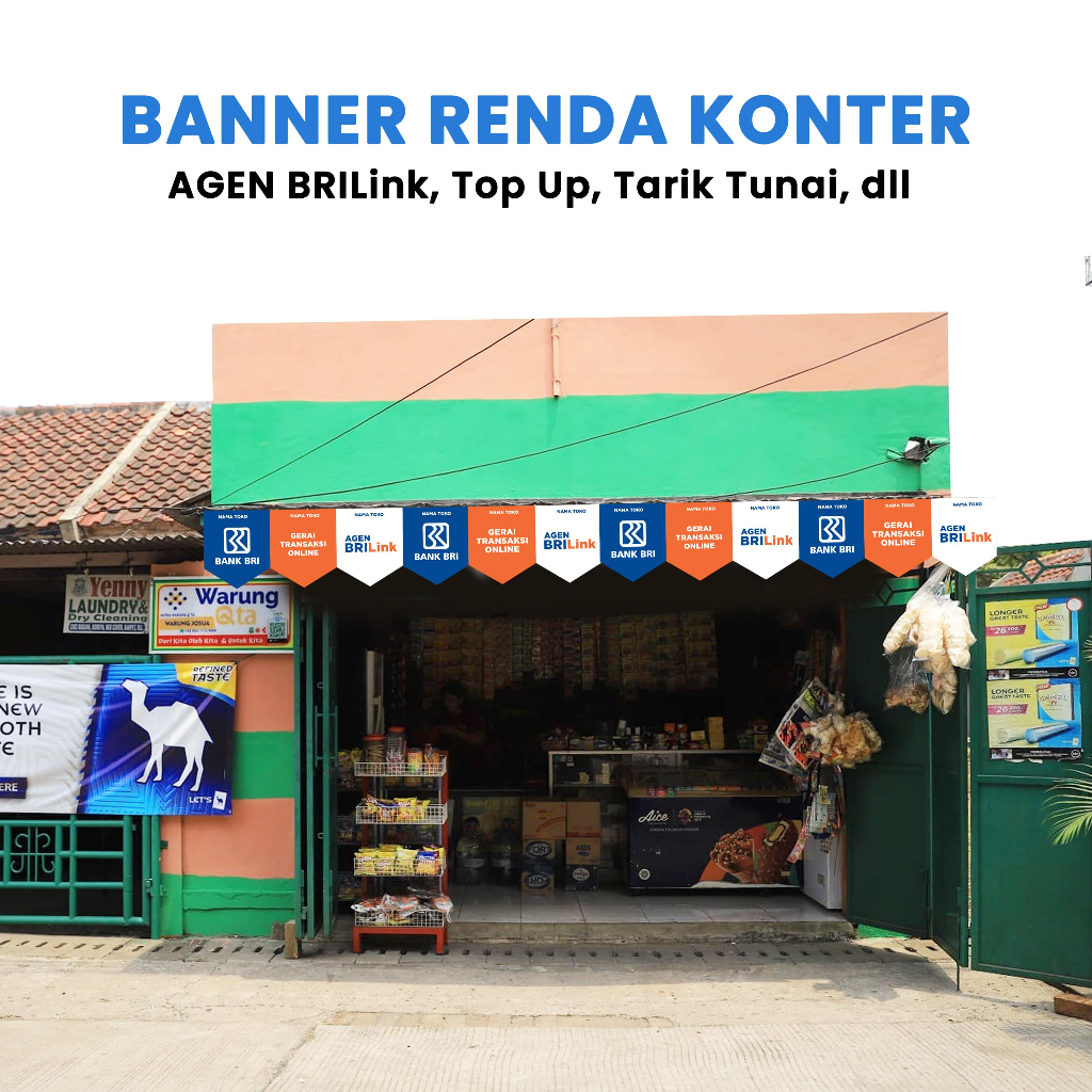 Spanduk Banner Renda Lancip Konter Agen  Pulsa Top Up Game Ewallet Tagihan Bri Link Custom Nama Toko