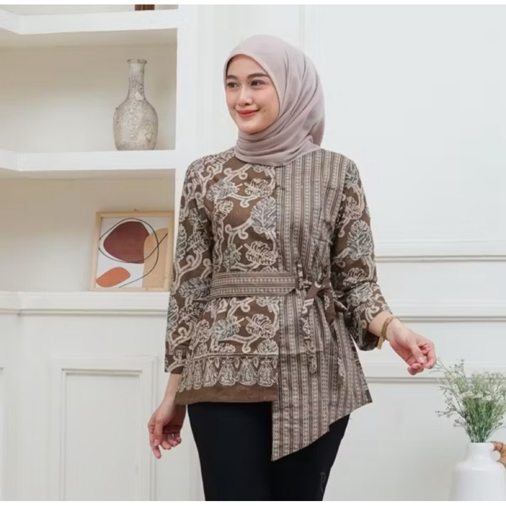Atasan Blouse Batik Wanita Modern Motif Daun Waru Premium
