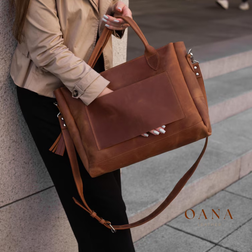 OANA Tas travel dengan lengan troli, tas travel kulit besar, tas kerja besar wanita, tas jinjing lap