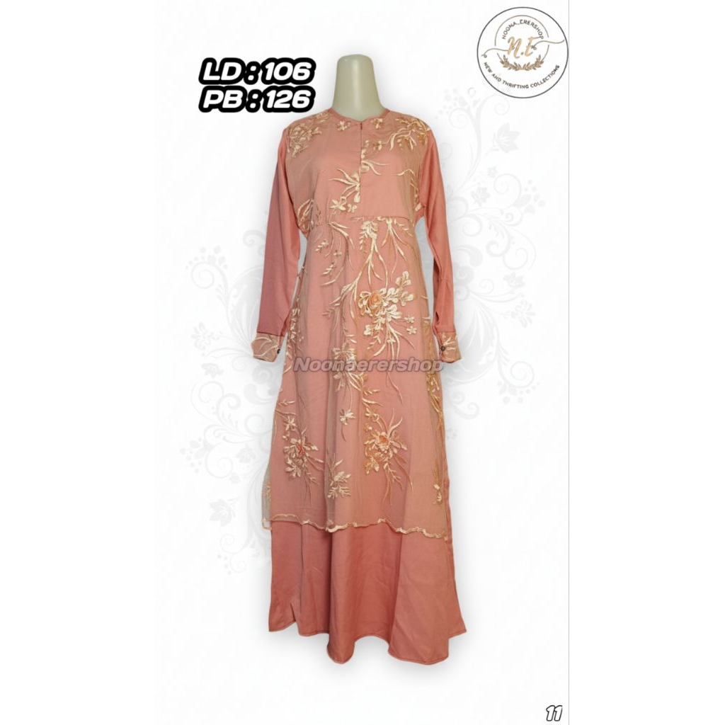 Gamis Preloved Peach Bordir Bunga Gold – Dress Muslim Kondangan Elegan