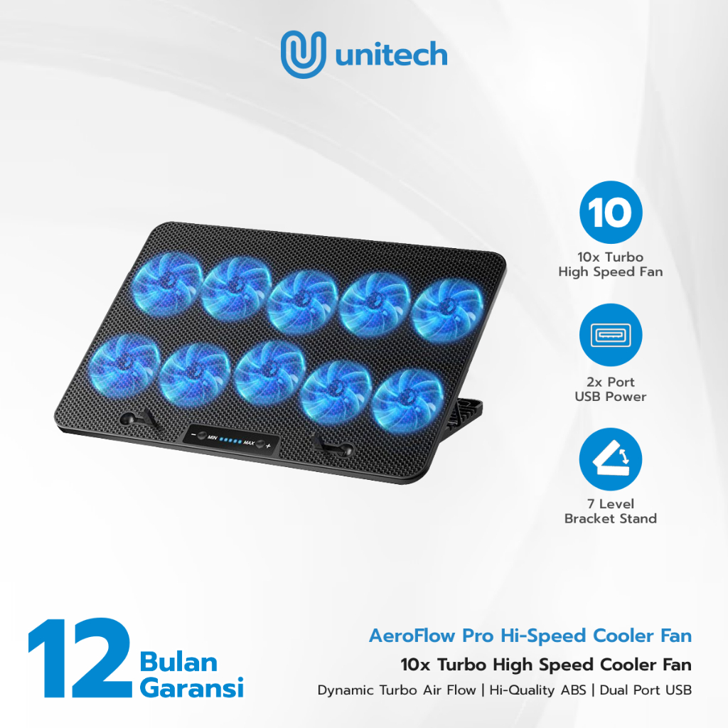 Cooling Pad Laptop Gaming Unitech AeroFlow Pro Hi Speed Cooler Fan - Cooling Pad 10 Fan Blue LED