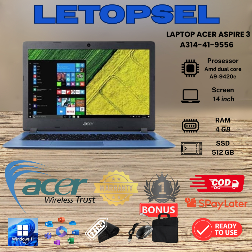 Acer Aspire 3 A314-41-9556 - AMD A9 9420 | 4GB |512 SSD//BONUS TAS LAPTOP DAN MOUSE