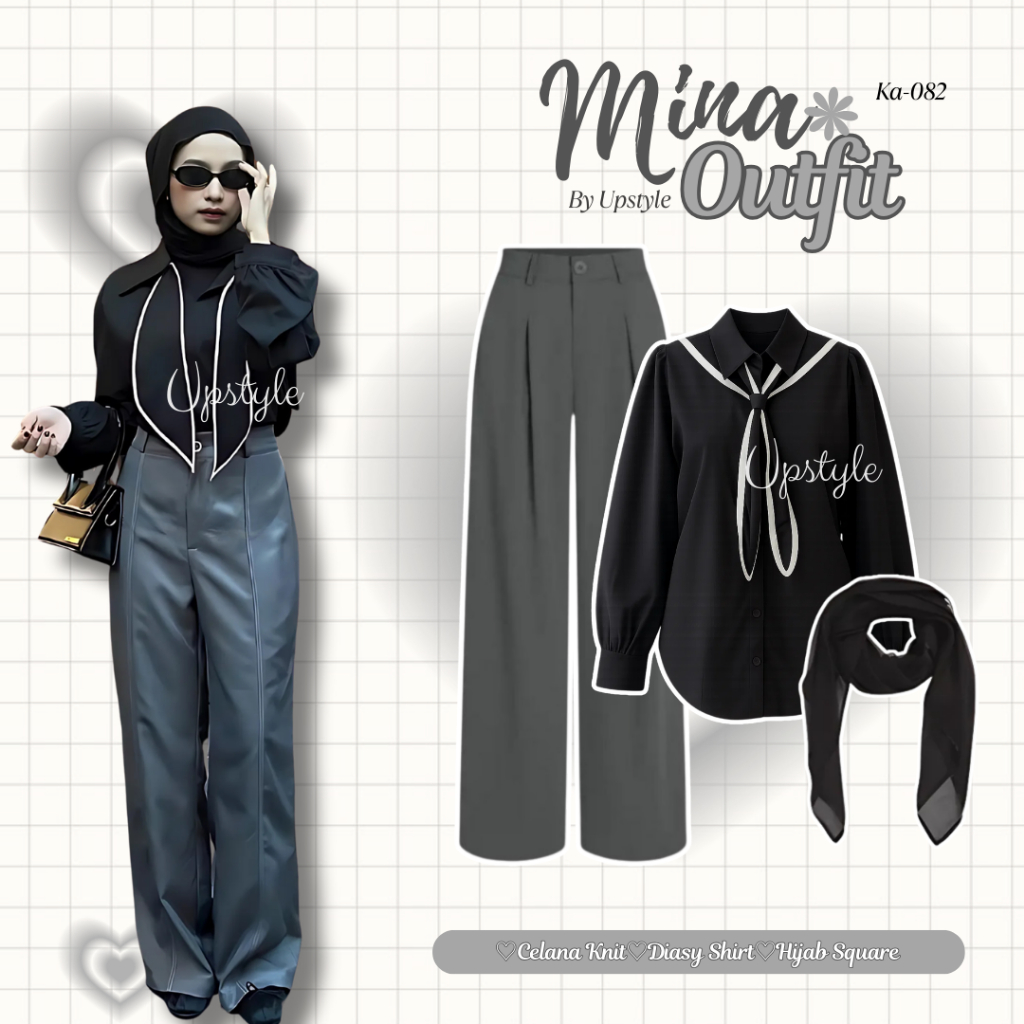 Upstyle - Mina Outfit Mamba Wanita korean Style Kekinian ( Blouse Daisy + Celana Knit + Hijab Bella 