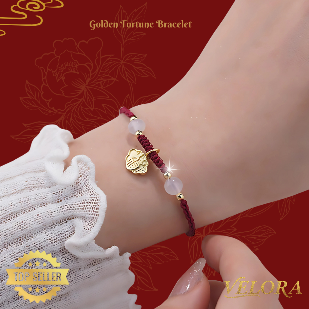 [COD] Velora Jewelry Golden Fortune Bracelet | Gelang Tali Merah Elegan dengan Manik Putih & Liontin