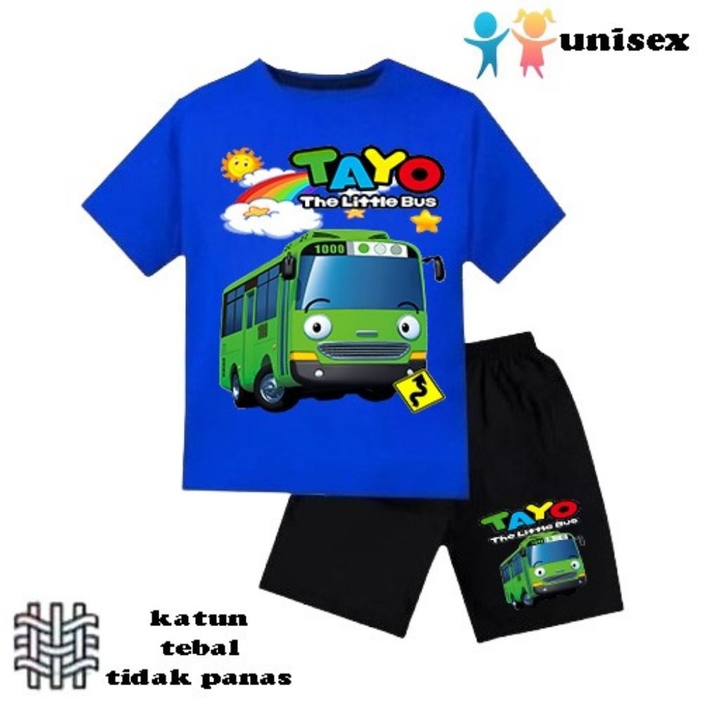 setelan baju anak laki-laki perempuan baju kaos anak laki-laki perempuan motif Tayo mobil bus umur 6