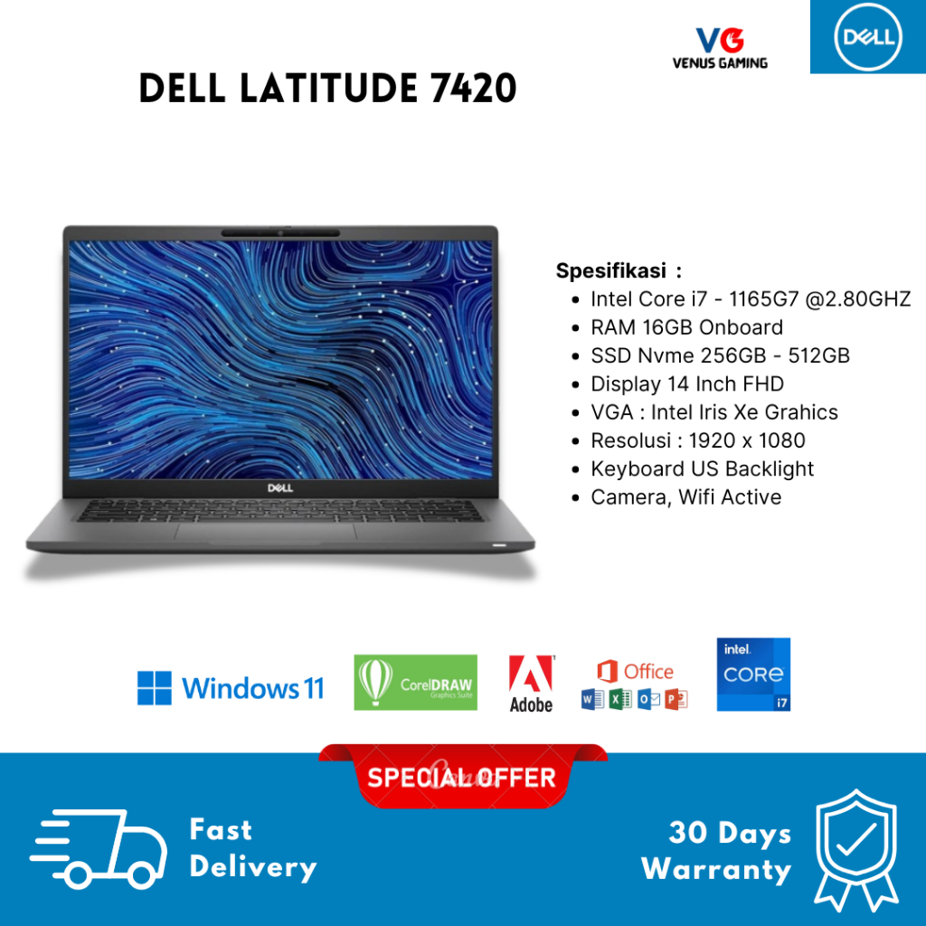 Jual Murah Laptop Dell 7420 Core i7 Gen 1165G7 RAM 16GB SSD 512GB Layar 14 Inch FHD