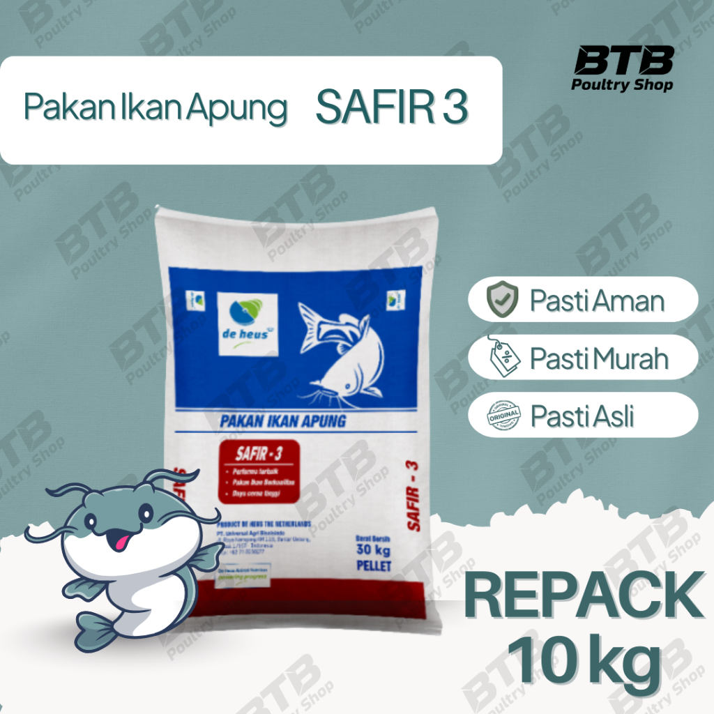 Safir 3 Pakan Ikan Lele Nila Gurame Bandeng Pelet Ikan Mas Repack 10Kg | 5Kg