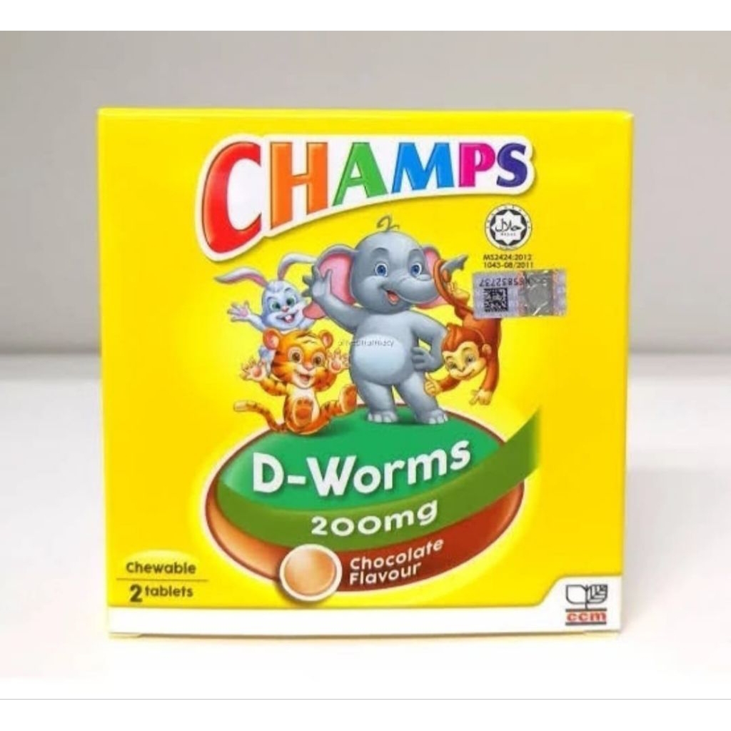 Champs D worms 200mg rasa chocolate isi 2 tablet obat cacing anak dan dewasa import