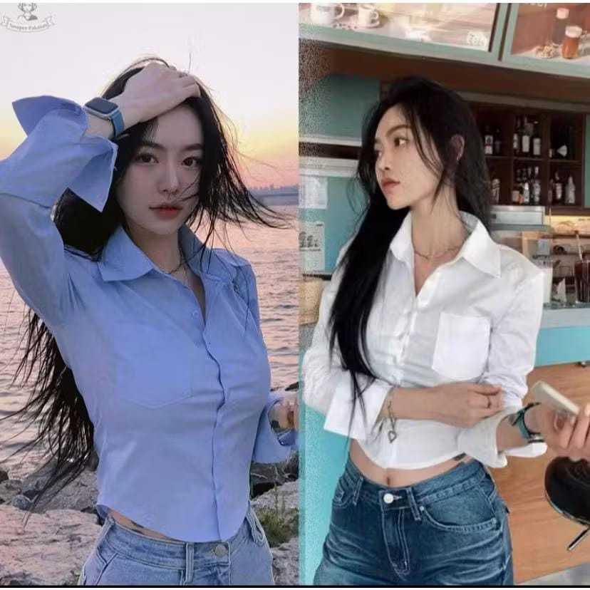 Kemeja Slimfit Crop Top Lengan Panjang Adem Nyaman Premium
