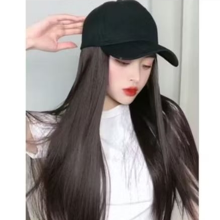 wig topi rambut lurus/topi wig rambut panjang/wig topi rambut cewek baseball