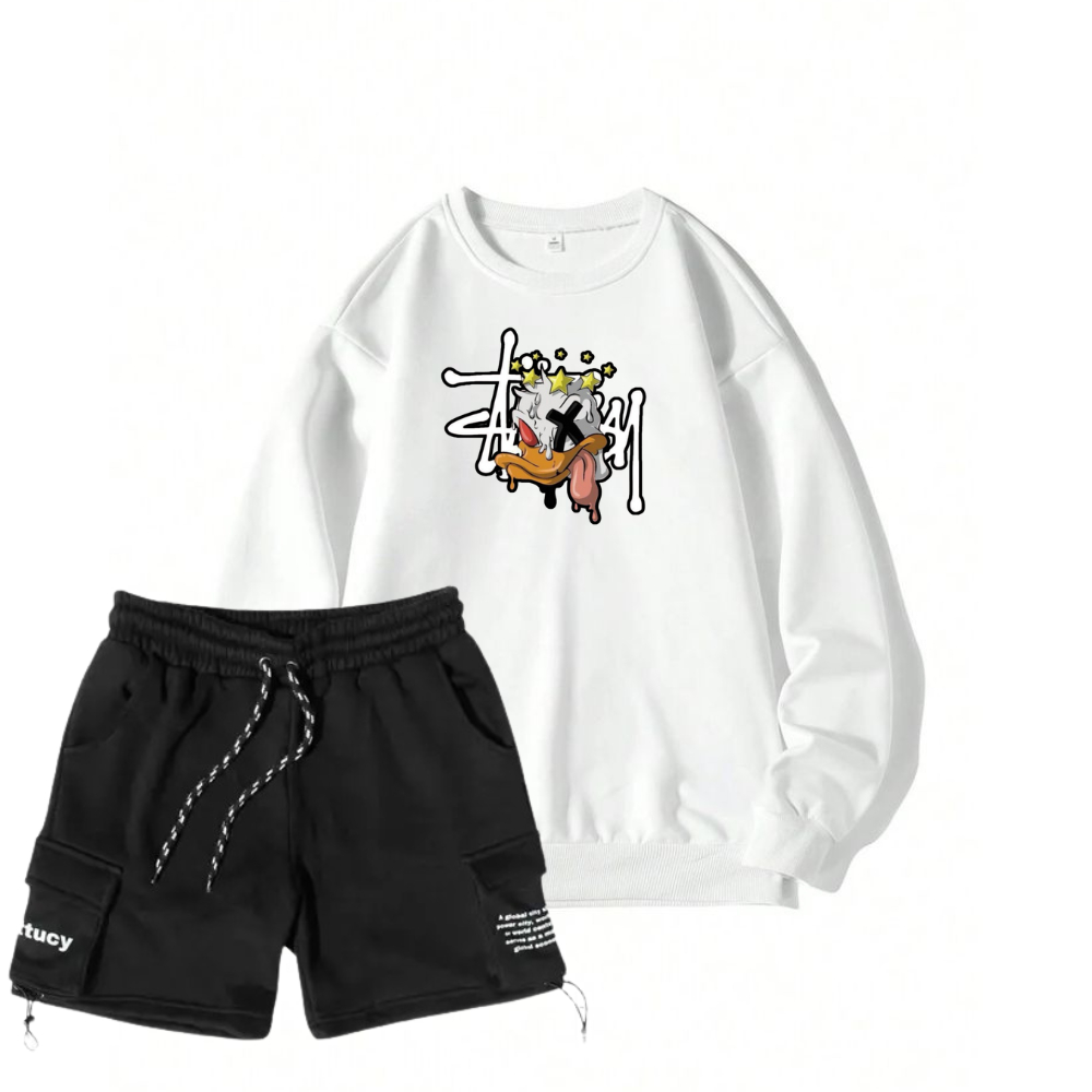 One Set Crewneck Celana Pria Distro Original CN Cargo Pendek Oversize Unisex Style Korean Authentic 