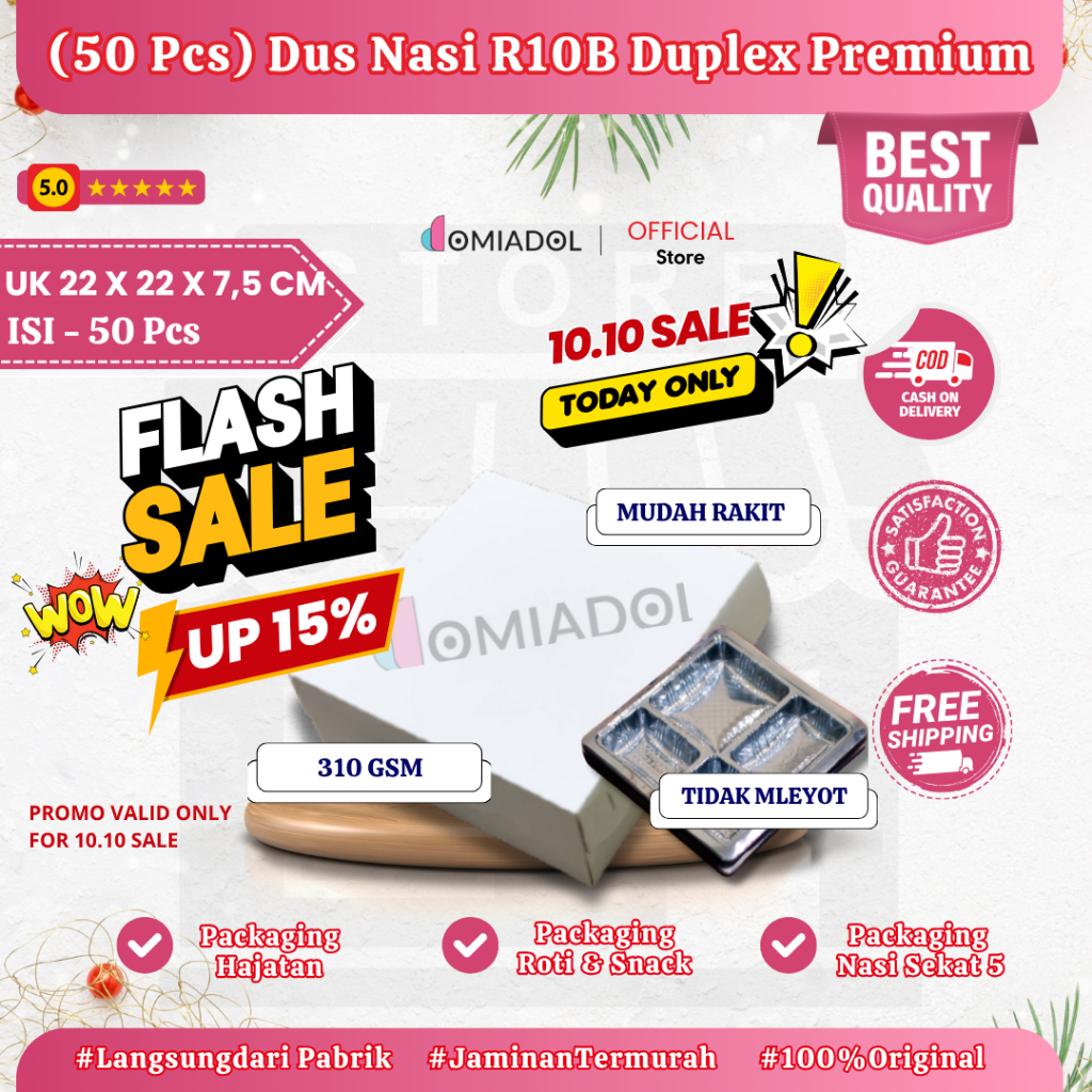 (BUNDLE SALE 50 PCS) - Box Dus Nasi Kotak R10B Putih Premium - Ukuran 22x22x7,5 + Mika Sekat 5