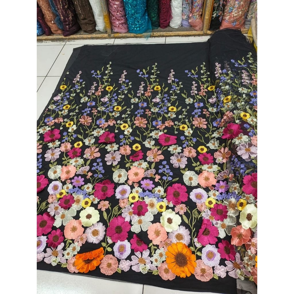 kain/bahan tile bordir garden 3D bunga timbul