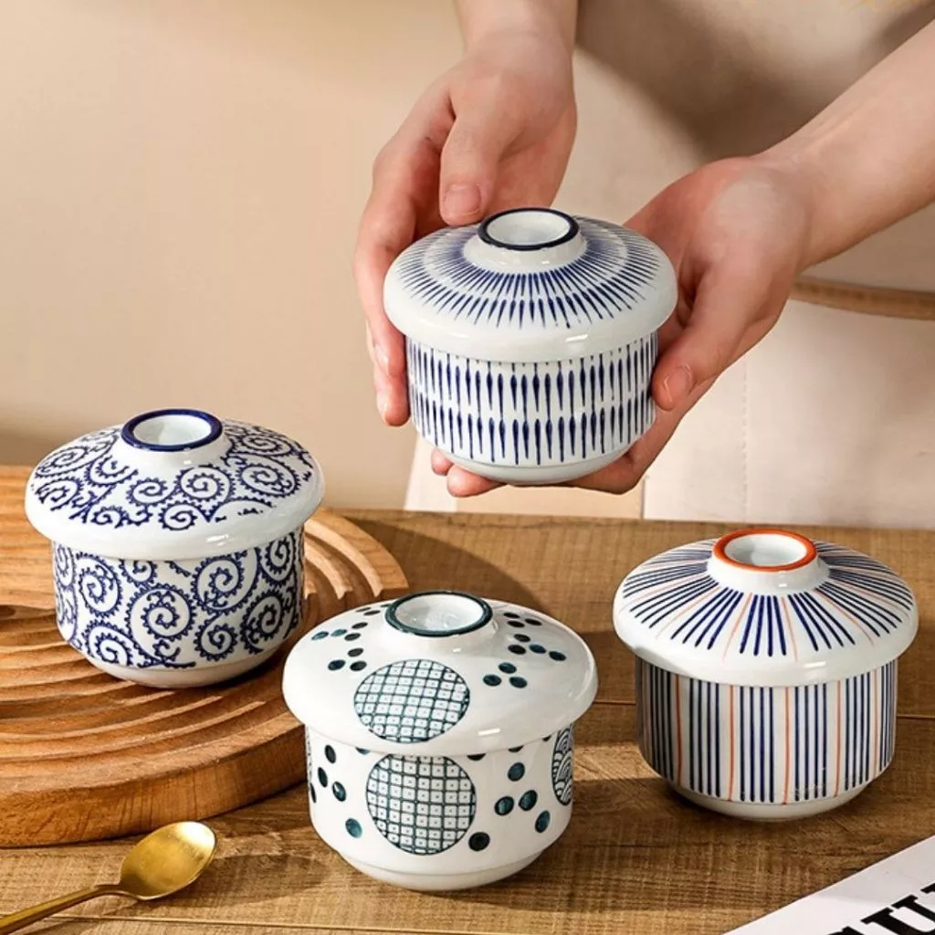 Mangkok Keramik Kecil Chawan Mushi dengan Tutup Japanese White Blue Stew Bowl Cup with Lid