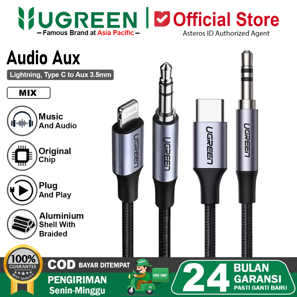 UGREEN Kabel Lightning & Type C To Audio Jack 3.5mm Male For iPhone Android Headset Speaker Mobil