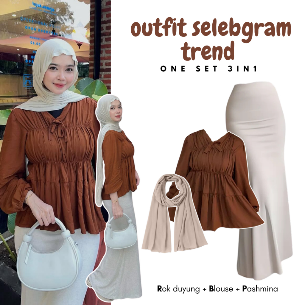 OOTD Selebgram Wanita One Set 3in1 [ Blouse Rubber Kerut & Rok Duyung Scuba & Pashmina Ceruty ] 92A