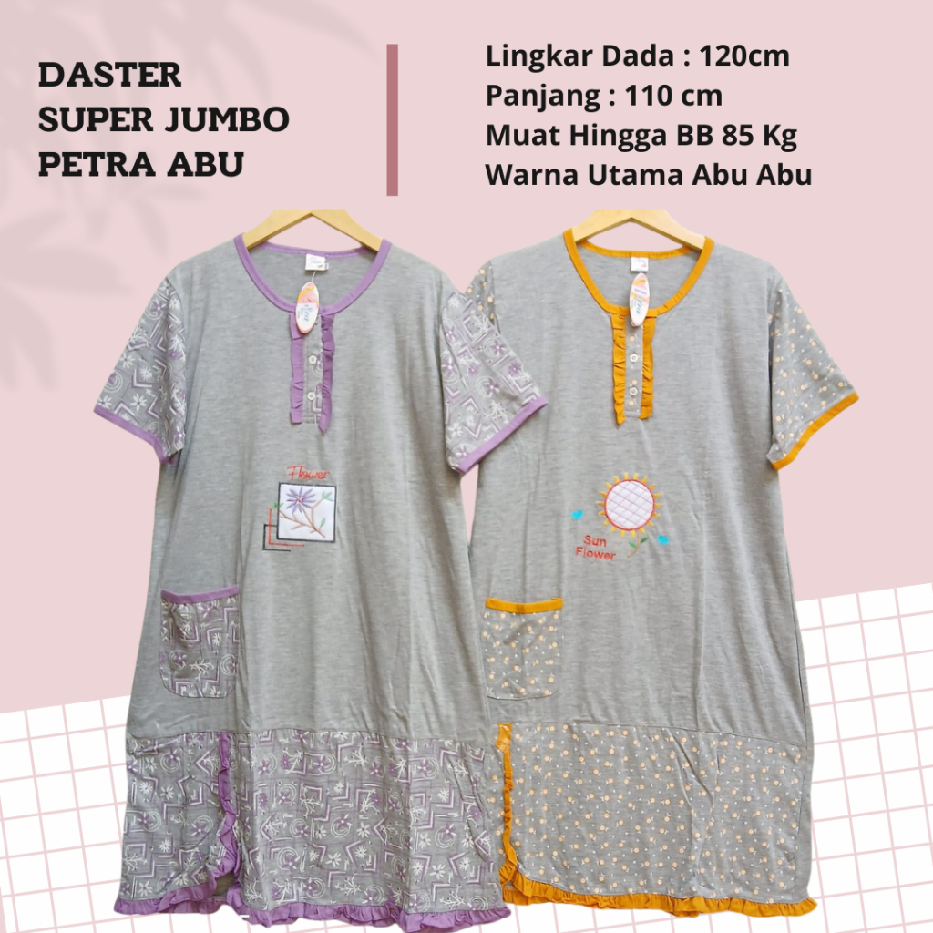 Daster Wanita Super Jumbo XXL  Petra Abu Bahan Kaos Tebal  Ld 120 - 125  cm.