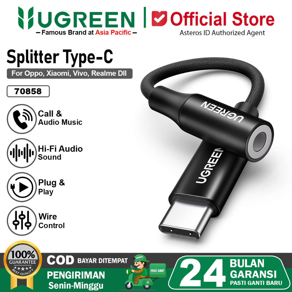 UGREEN Converter Splitter Type C To Jack 3.5mm For Oppo Mi Realme Vivo Audio, Call, Open Mic Game