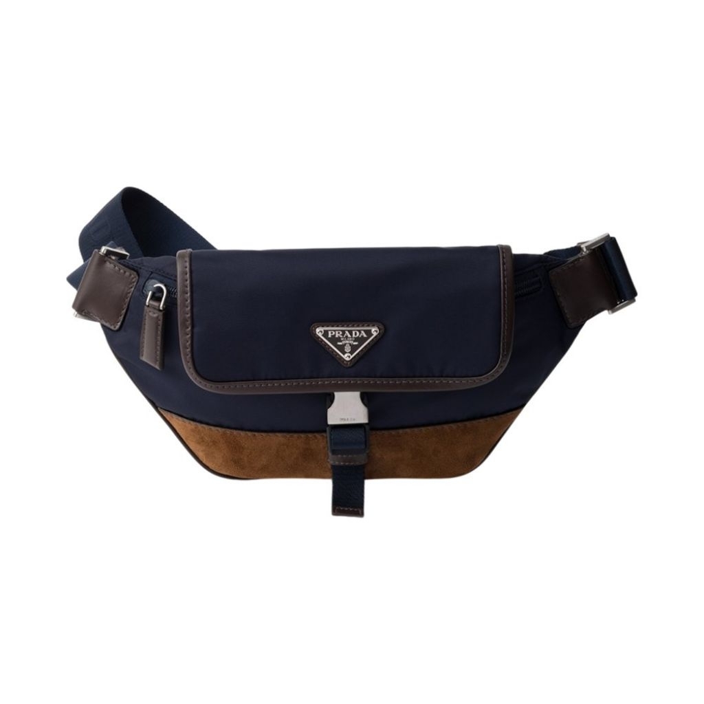 Prada Triangle Logo Re-Nylon and Leather Belt Bag Blue/Coffee