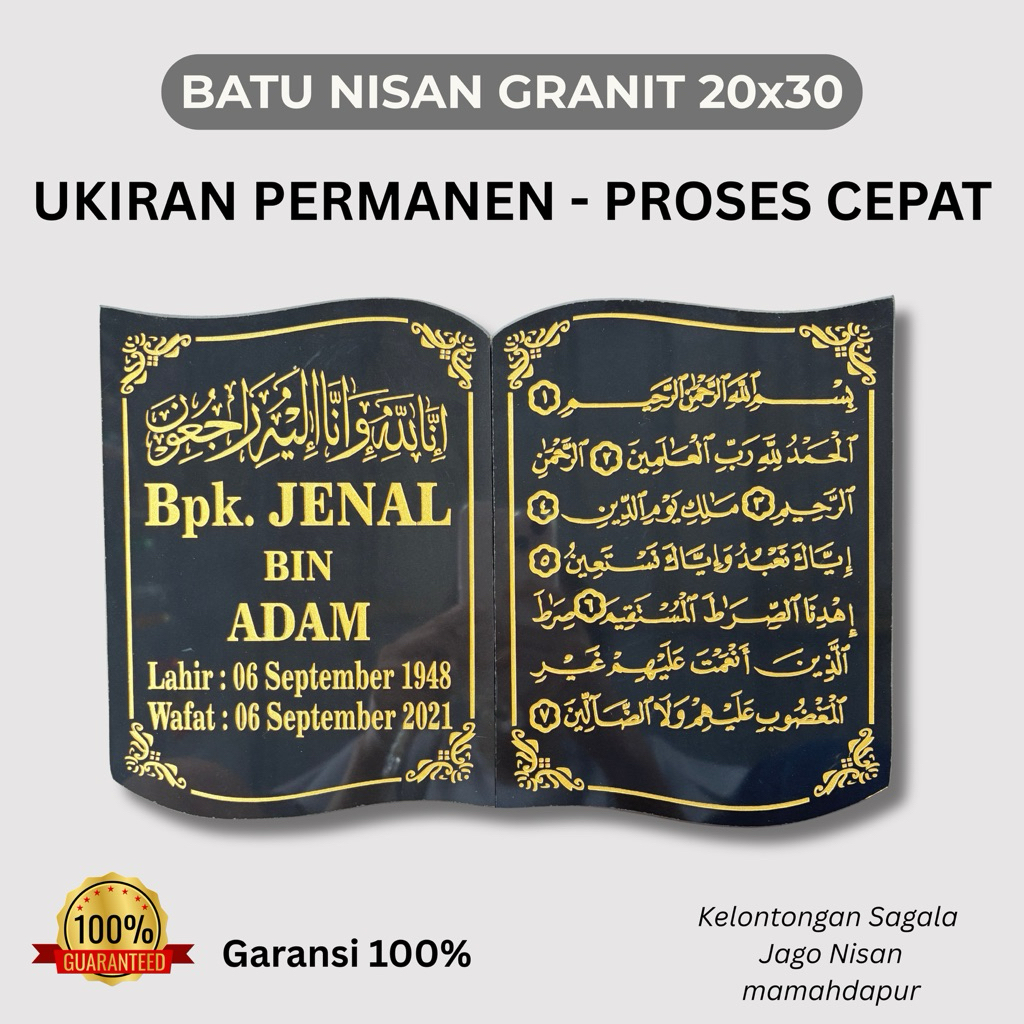 Batu Nisan Granit Lempengan Model Buku ukuran 20x30 Custom Tulisan kuburan makam Islam Kristen