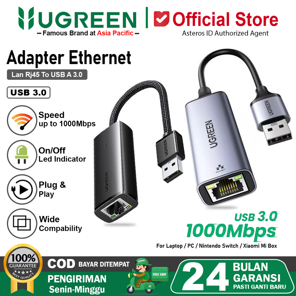 UGREEN Adapter USB to Lan RJ45 Ethernet Network Speed 100Mbps 1000Mbps