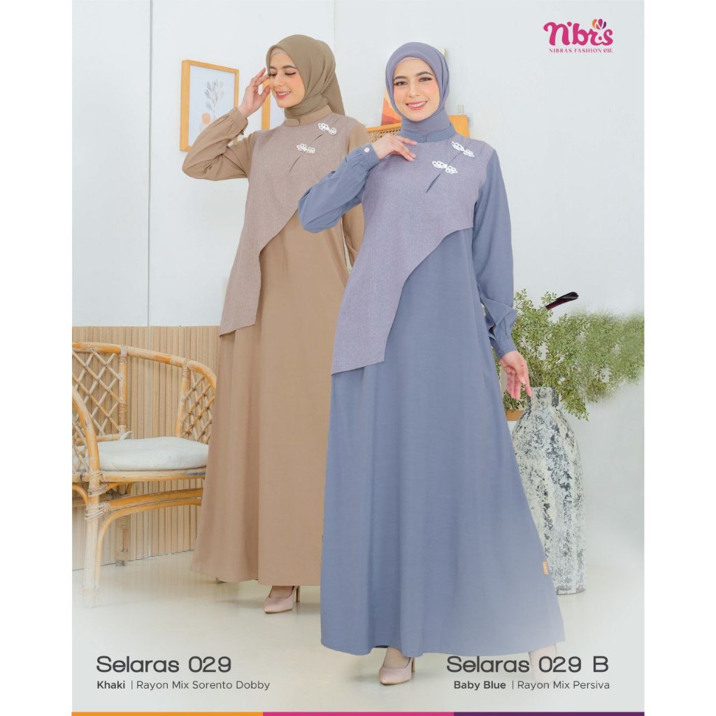 Nibras Selaras 029 / 029B Dress Muslimah Modern Simple Elegan Khaki Baby Blue Baju Gamis Rayon Mix