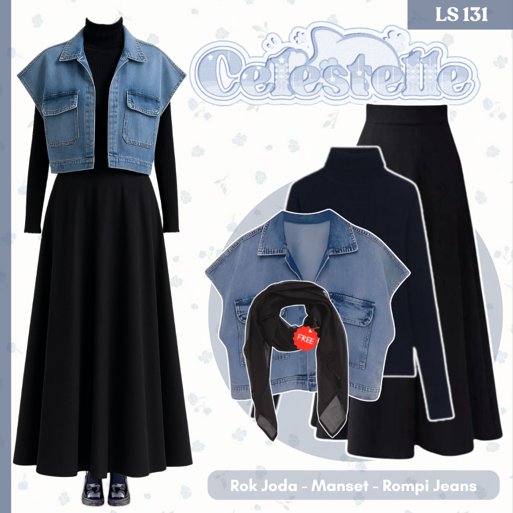One Set Skena Wanita | Rompi Jeans, Manset, Rok, Hijab | Outfit Photoshoot Cewe Mamba | LS131
