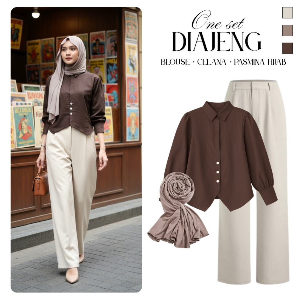 Outfit Set Kekinian Wanita ( Blouse Sanju + Celana + Hijab ) Setelan One Set Diajeng Casual OOTD