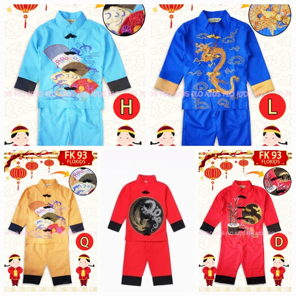 Baju Imlek CNY Cheongsam Qibao Anak Cowok Impor Dragon Red, Blue, Gold