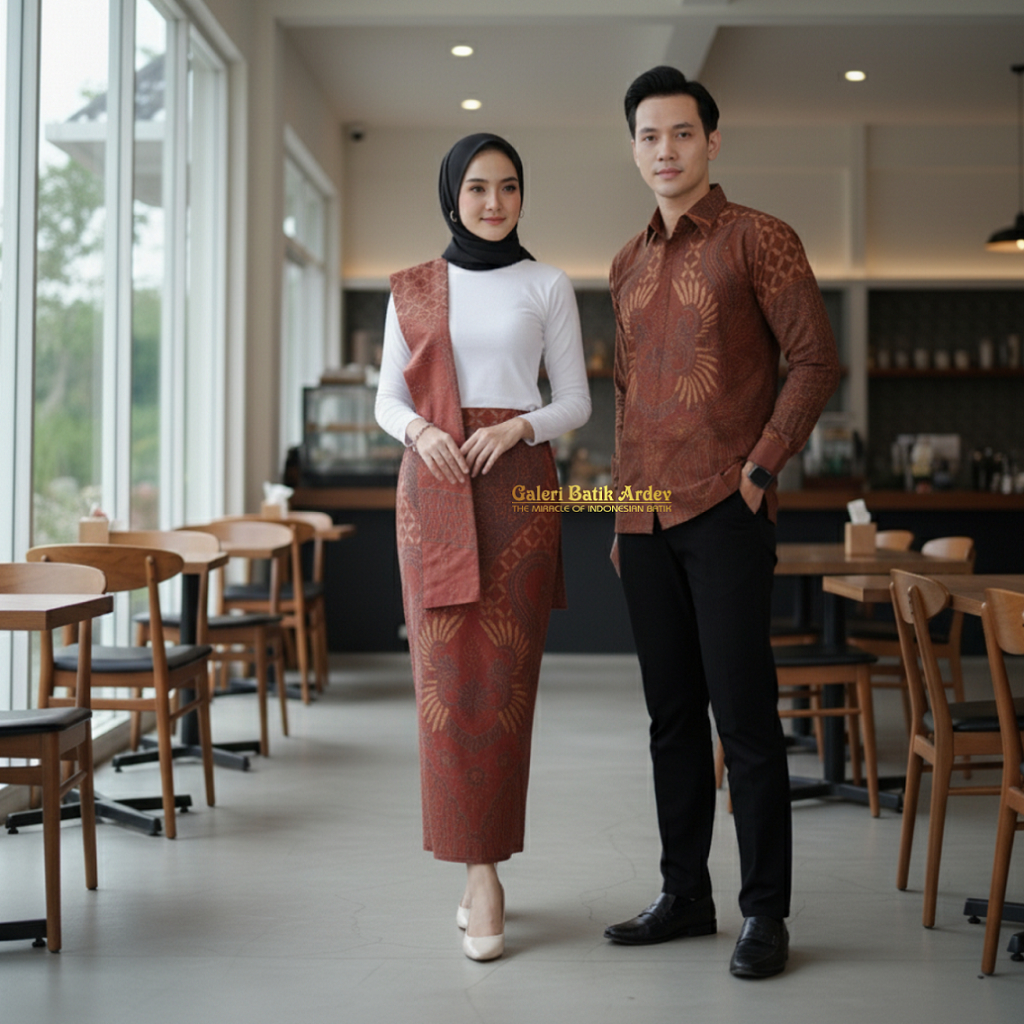 Galeri Batik Ardev - Couple Sarimbit Rok & Kemeja Slim Fit Teracota Bahan Katun Halus - Abhinaya