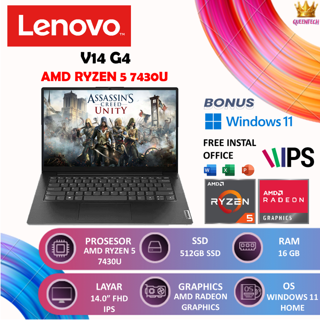 LAPTOP BISNIS LENOVO V14 14 INCI AMD RYZEN 5 7430U [16GB/512GB] Windows11