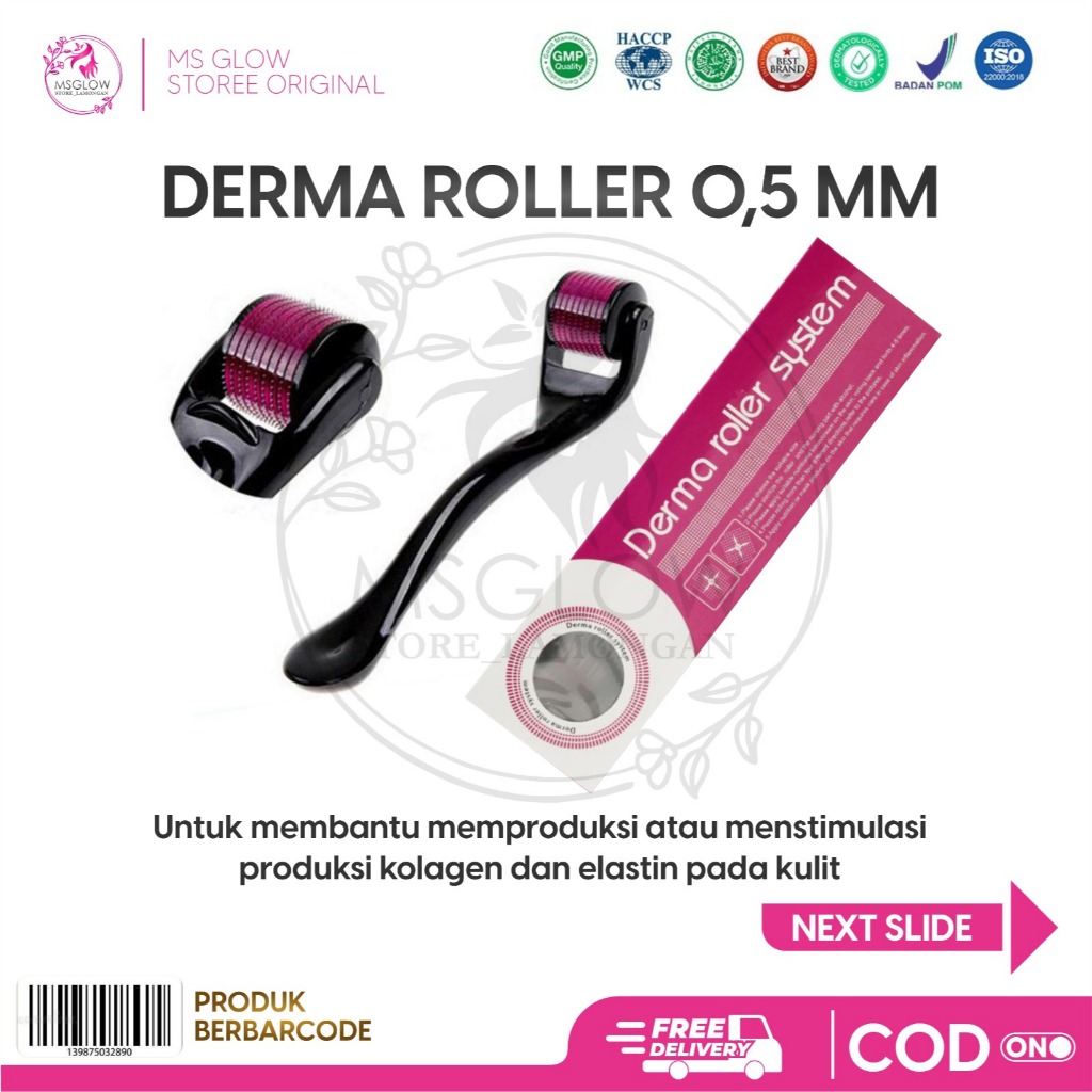MS GLOW - DERMA ROLLER 0.5 MM ALAT PENGHILANG BEKAS JERAWAT , TERAPI WAJAH