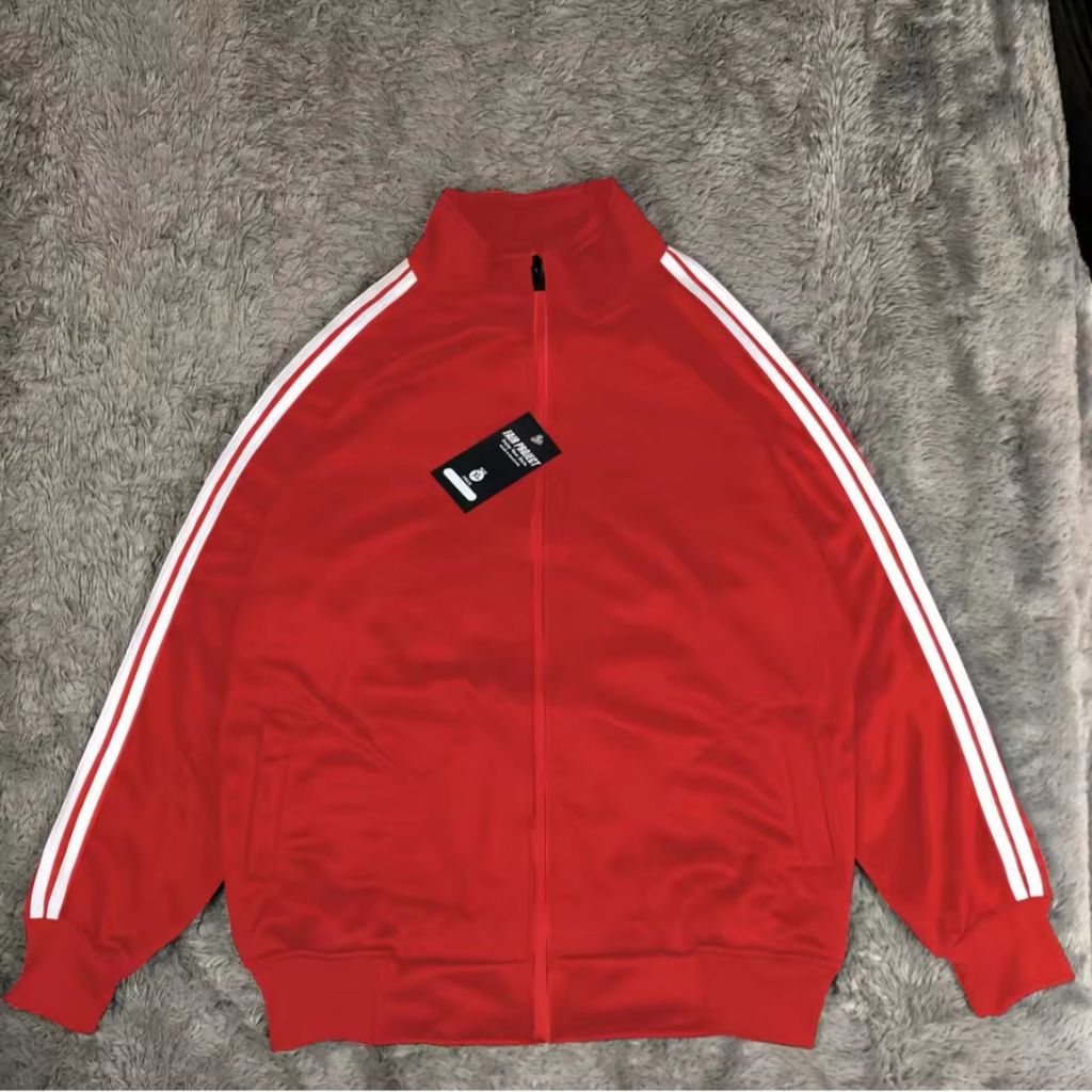 The Zourney Tracktop Jacket Casual Pria Wanita Poliester Ltto Garis 3 Polos Warna Merah List Putih