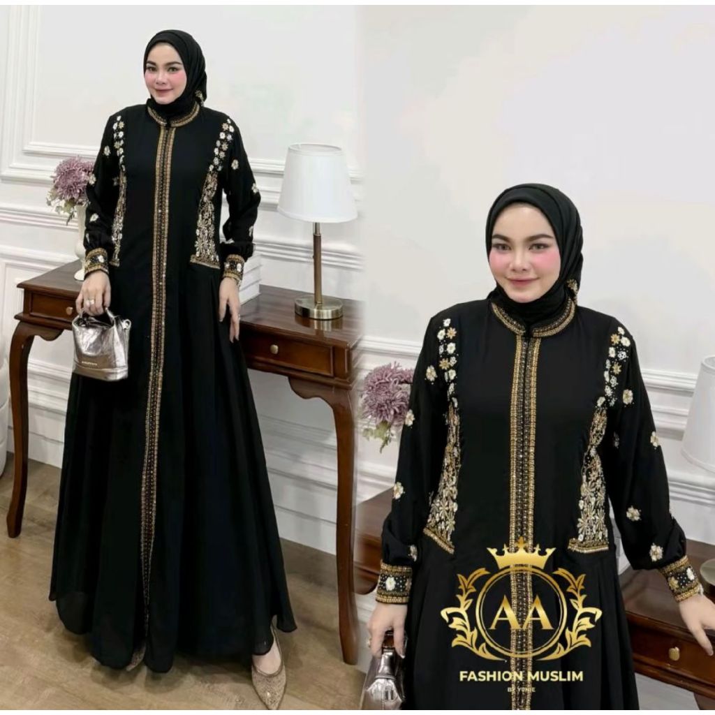 Gamis Hikmat Fashion Muslim Modern Pakaian Wanita Kekinian Baju Wanita Terbaru 2026 Bordir Plus hija