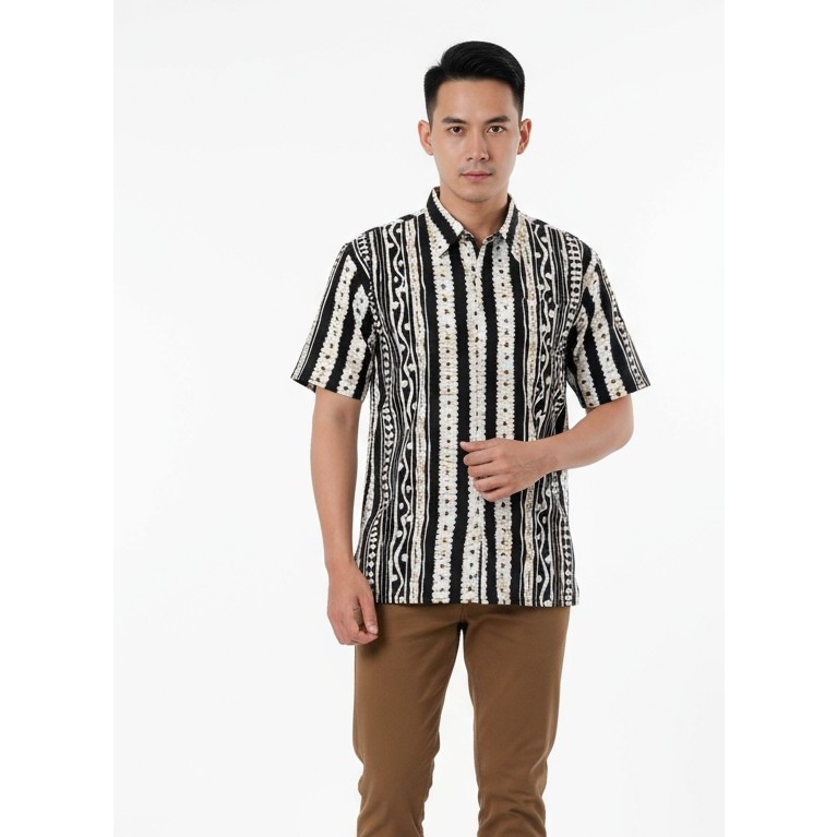 Kemeja Hem Batik Pria Lengan Pendek Hitam Putih 12 - Batik Nulaba
